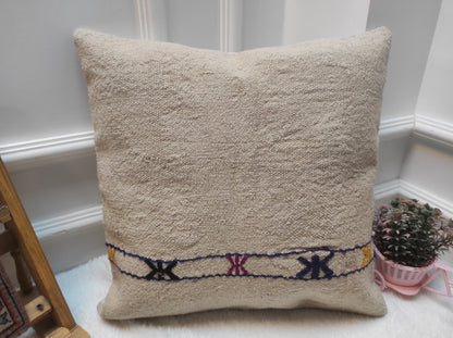 Handmade Kilim Pillow Cover: White Bohemian Woven Rug Pillow (18x18)