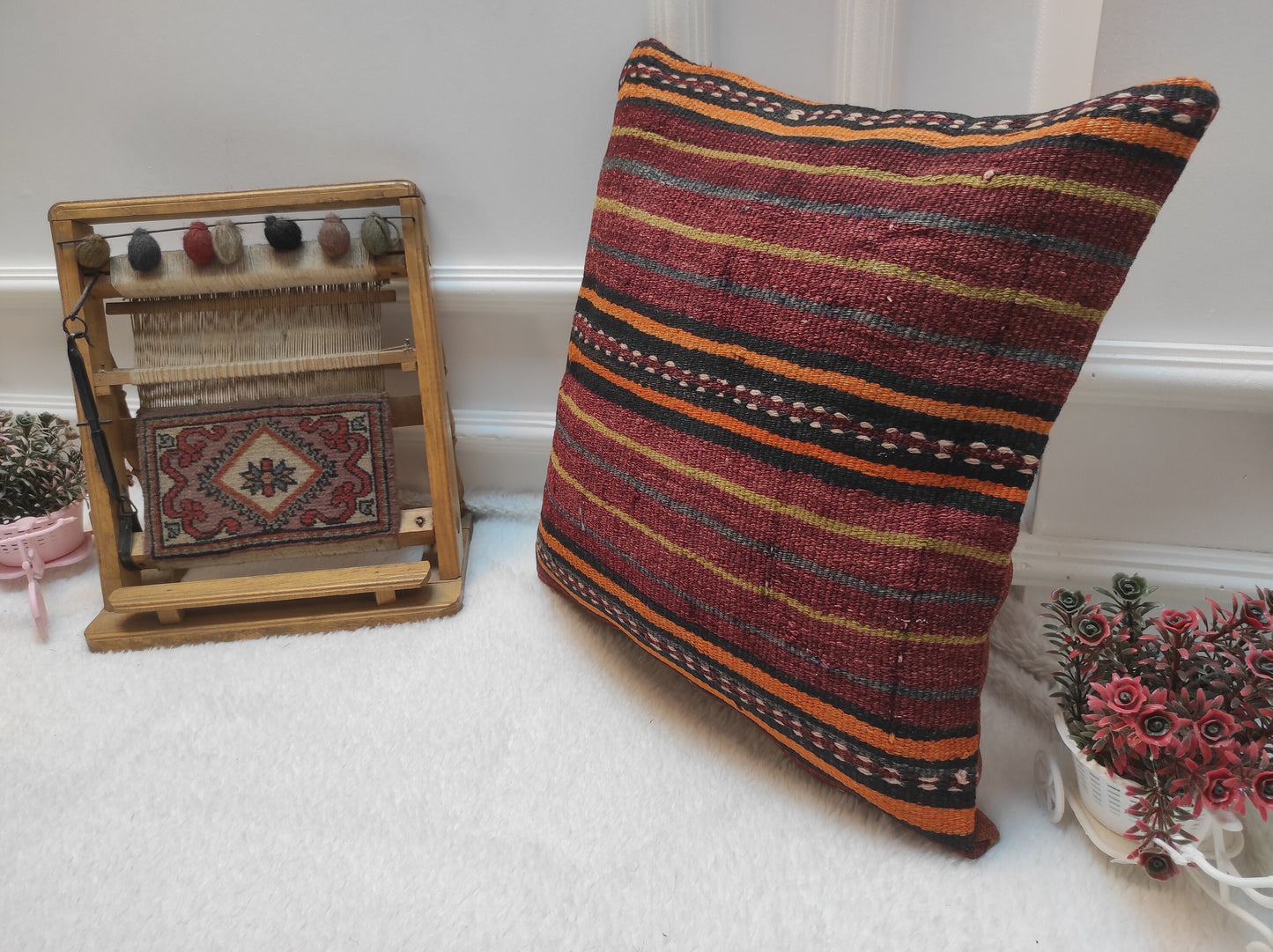 Handmade Red Kilim Pillow Cover: Bohemian Woven Rug Pillow (18x18 inc)