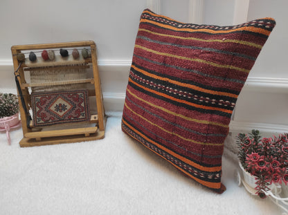 Handmade Red Kilim Pillow Cover: Bohemian Woven Rug Pillow (18x18 inc)
