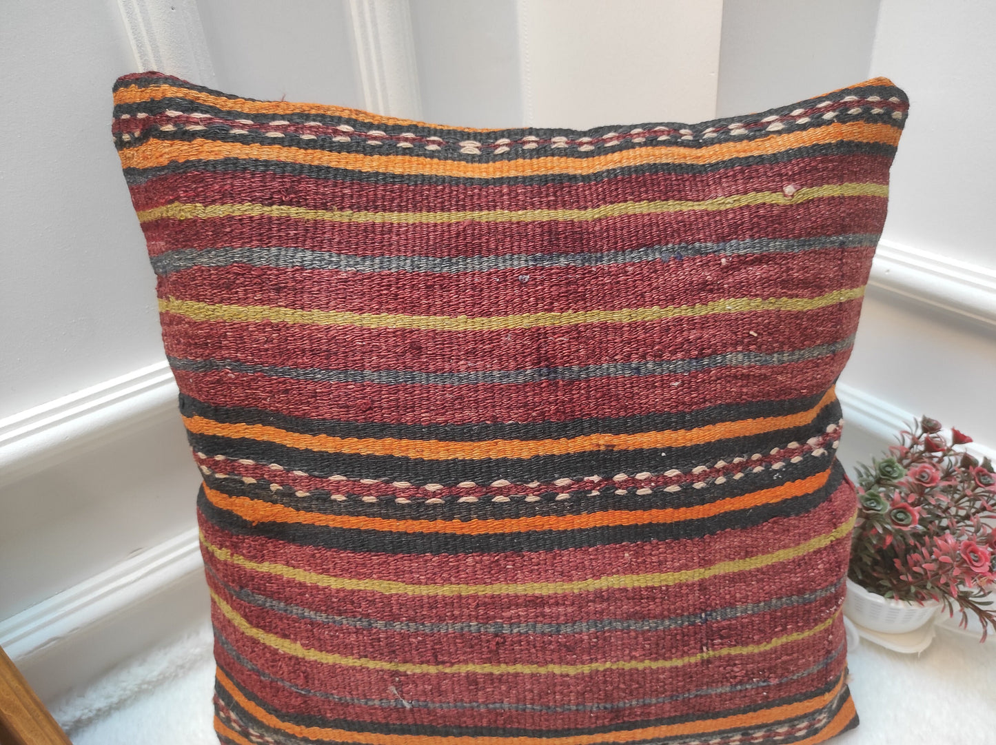 Handmade Red Kilim Pillow Cover: Bohemian Woven Rug Pillow (18x18 inc)