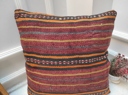 Handmade Red Kilim Pillow Cover: Bohemian Woven Rug Pillow (18x18 inc)