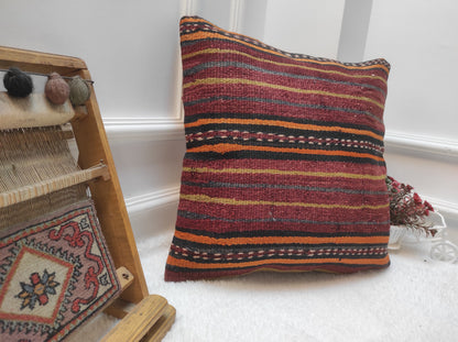 Handmade Red Kilim Pillow Cover: Bohemian Woven Rug Pillow (18x18 inc)