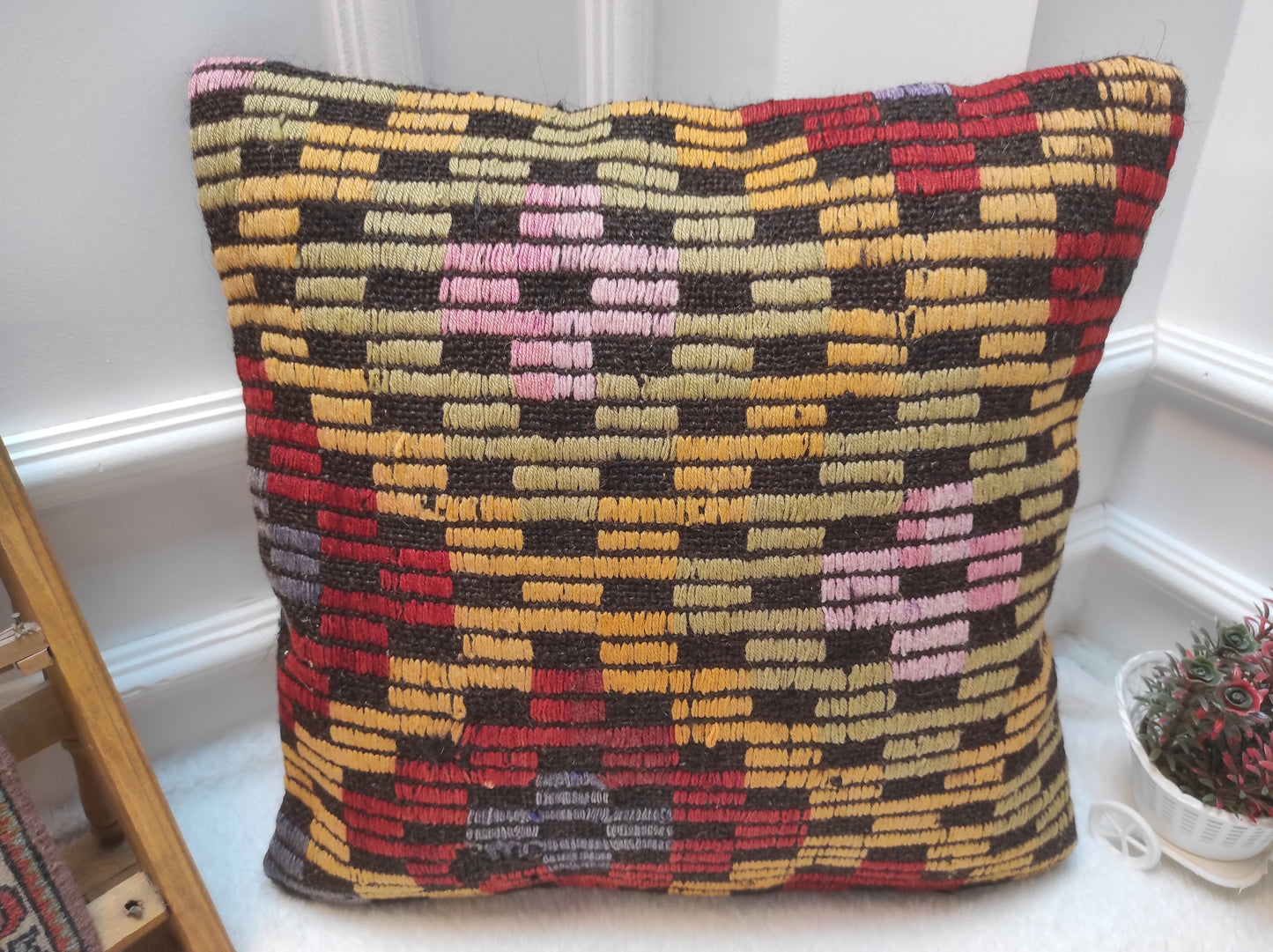 Handmade Kilim Pillow Cover: Upcycled Woven Rug, Bohemian Decor (18x18 inc, 45x45 cm)