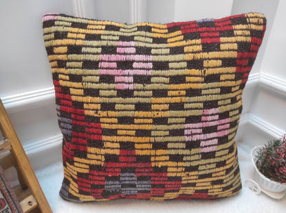 Handmade Kilim Pillow Cover: Upcycled Woven Rug, Bohemian Decor (18x18 inc, 45x45 cm)