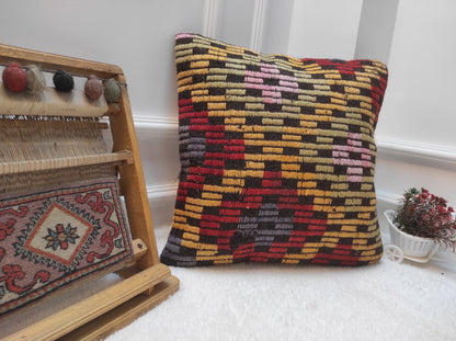 Handmade Kilim Pillow Cover: Upcycled Woven Rug, Bohemian Decor (18x18 inc, 45x45 cm)