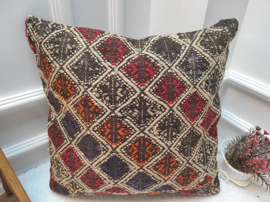 Handwoven Kilim Pillow Cover: Upcycled Anatolian Rug, 18x18 inc