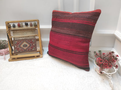 Handmade Kilim Pillow Cover: Upcycled Woven Rug, Red Ethnic Pillow (45x45 cm)