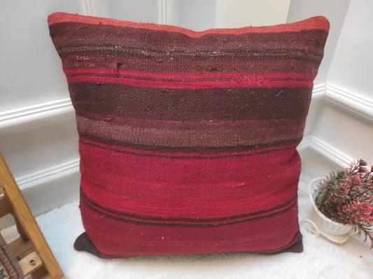 Handmade Kilim Pillow Cover: Upcycled Woven Rug, Red Ethnic Pillow (45x45 cm)