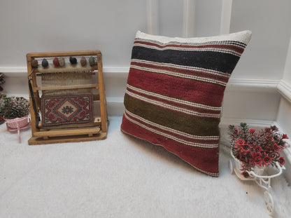 Handmade Kilim Pillow Cover: Upcycled Woven Rug, Bohemian Decor (18x18)