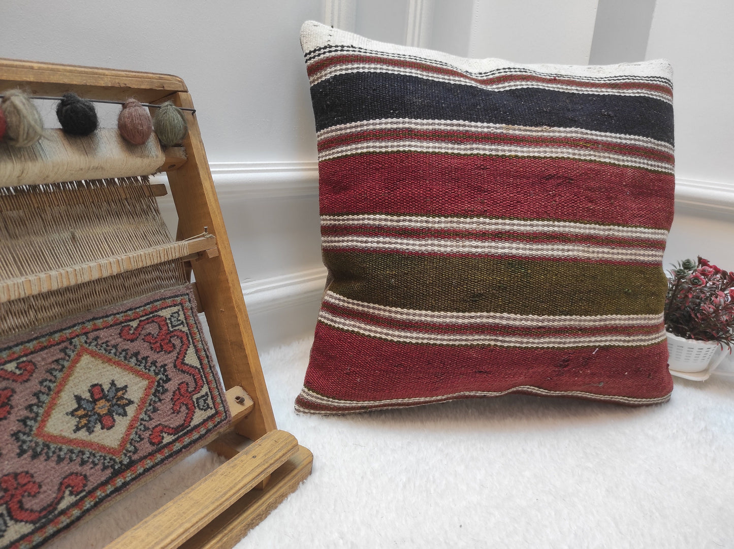 Handmade Kilim Pillow Cover: Upcycled Woven Rug, Bohemian Decor (18x18)