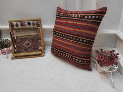 Handmade Kilim Pillow Cover: Upcycled Woven Rug, Red Striped Throw Pillow (18x18 in)