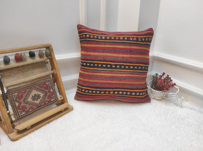 Handmade Kilim Pillow Cover: Upcycled Woven Rug, Red Striped Throw Pillow (18x18 in)