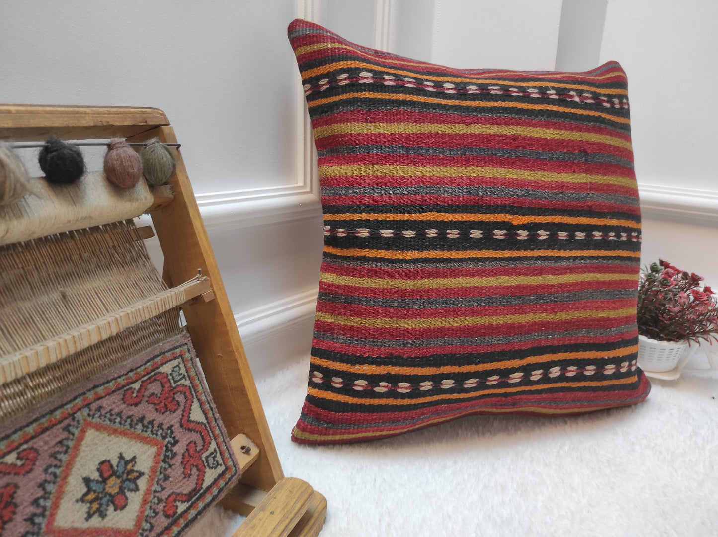 Handmade Kilim Pillow Cover: Upcycled Woven Rug, Red Striped Throw Pillow (18x18 in)