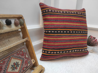 Handmade Kilim Pillow Cover: Upcycled Woven Rug, Red Striped Throw Pillow (18x18 in)