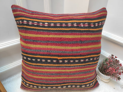 Handmade Kilim Pillow Cover: Upcycled Woven Rug, Red Striped Throw Pillow (18x18 in)