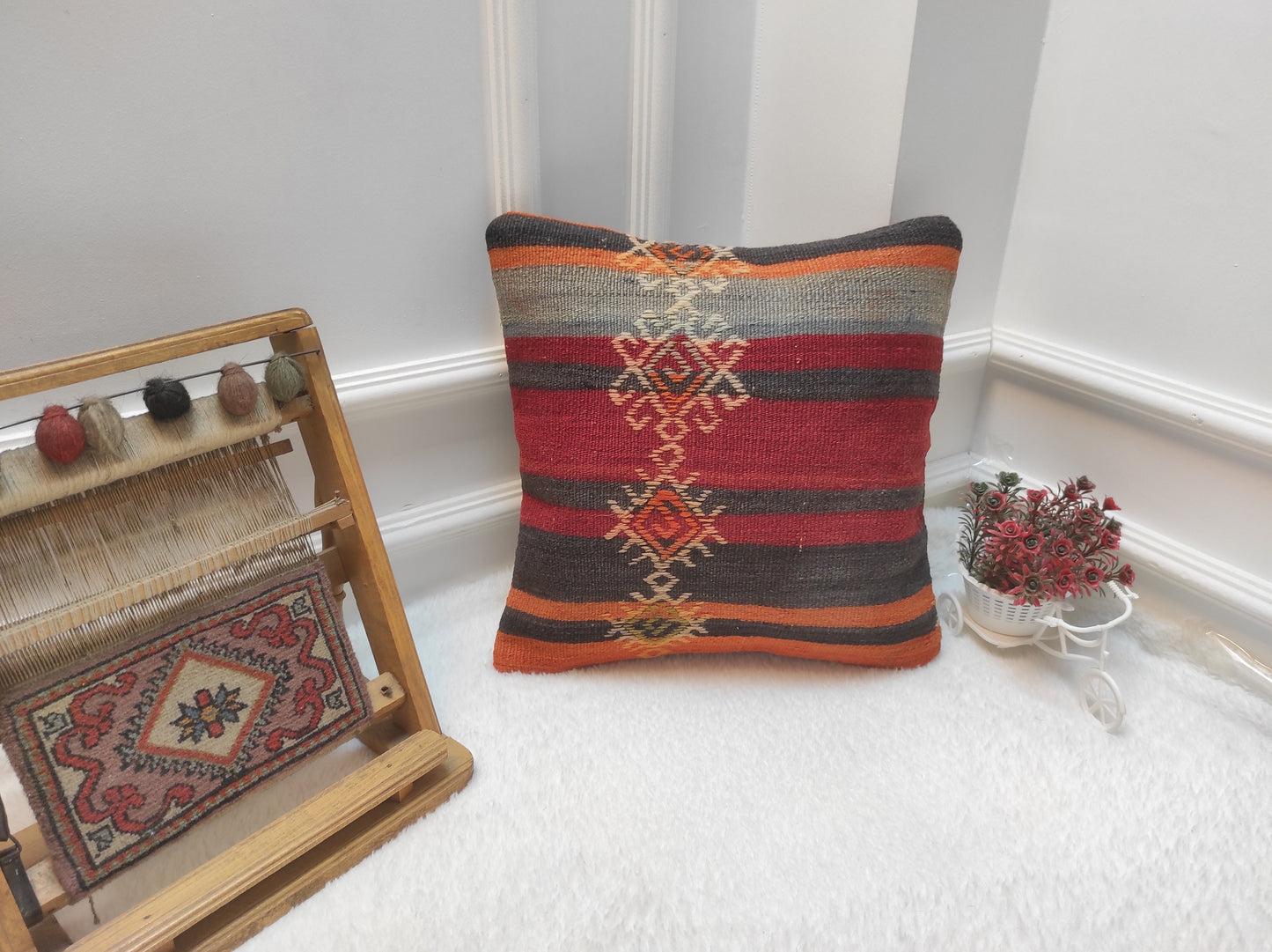 Handmade Kilim Pillow Cover: Red Bohemian Woven Rug Pillow (16x16 inc.)