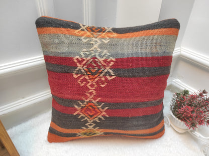 Handmade Kilim Pillow Cover: Red Bohemian Woven Rug Pillow (16x16 inc.)