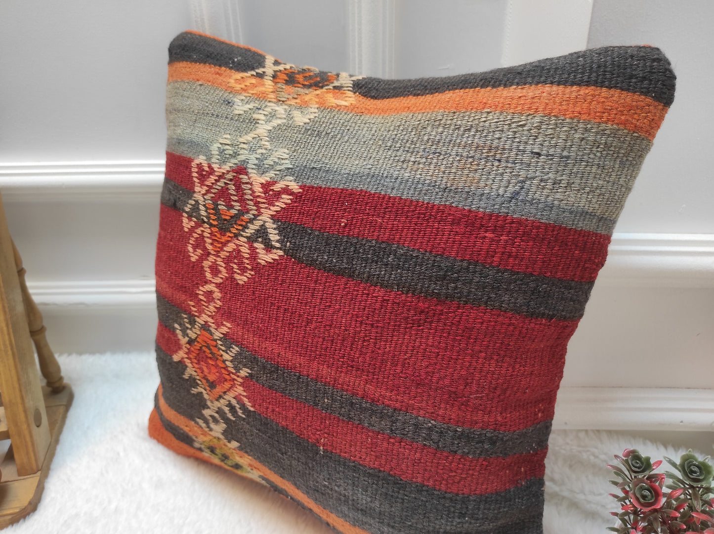 Handmade Kilim Pillow Cover: Red Bohemian Woven Rug Pillow (16x16 inc.)