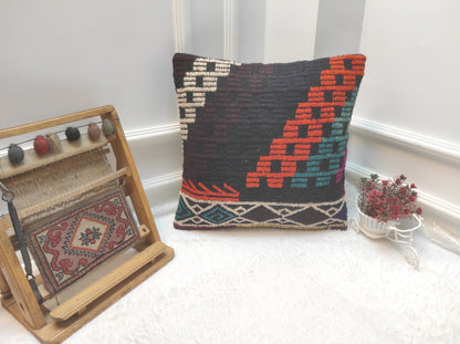 Handmade Kilim Pillow Cover: Upcycled Woven Rug, Geometric Design (18x18 inc)