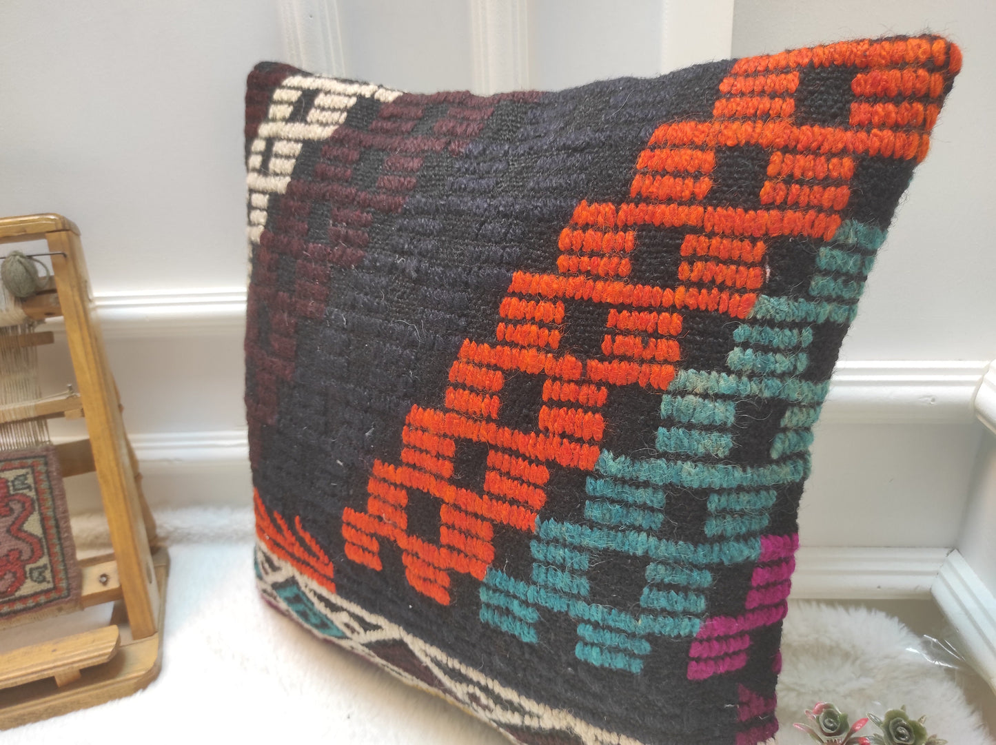 Handmade Kilim Pillow Cover: Upcycled Woven Rug, Geometric Design (18x18 inc)