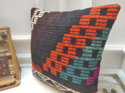 Handmade Kilim Pillow Cover: Upcycled Woven Rug, Geometric Design (18x18 inc)