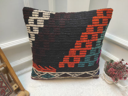 Handmade Kilim Pillow Cover: Upcycled Woven Rug, Geometric Design (18x18 inc)