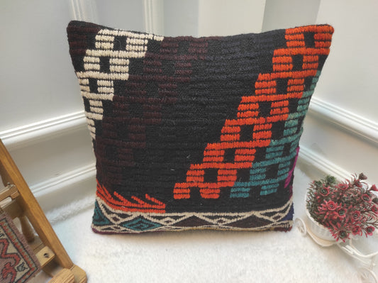 Handmade Kilim Pillow Cover: Upcycled Woven Rug, Geometric Design (18x18 inc)