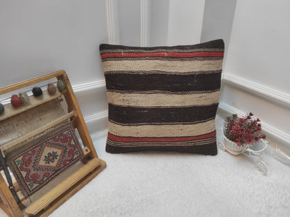 Handwoven Kilim Pillow Cover: Upcycled Rug, Bohemian Decor (18 x 18 in)