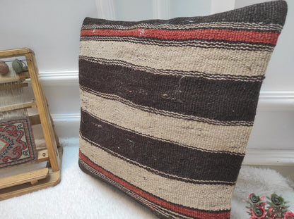 Handwoven Kilim Pillow Cover: Upcycled Rug, Bohemian Decor (18 x 18 in)