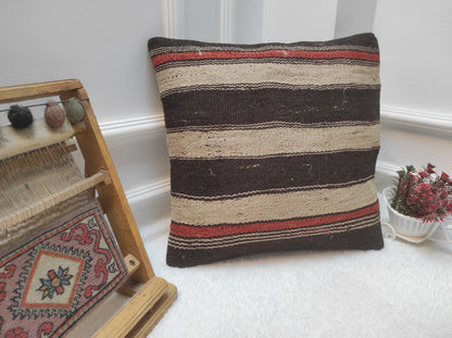 Handwoven Kilim Pillow Cover: Upcycled Rug, Bohemian Decor (18 x 18 in)
