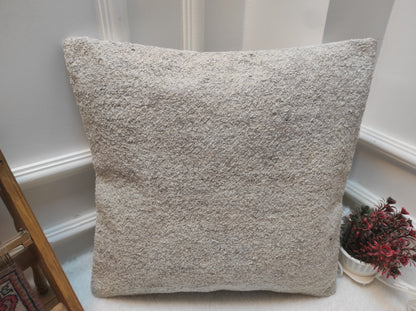 Handmade White Kilim Pillow Cover: Upcycled Turkish Rug, 18x18