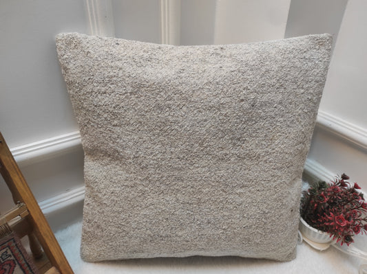Handmade White Kilim Pillow Cover: Upcycled Turkish Rug, 18x18