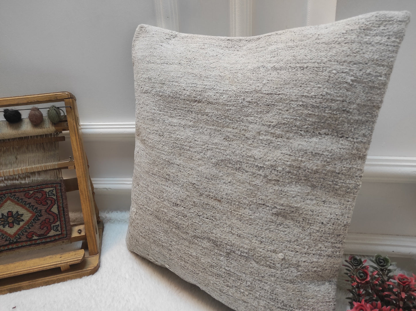 Handwoven Kilim Pillow Cover: White Bohemian Rug Pillow (18x18 in)