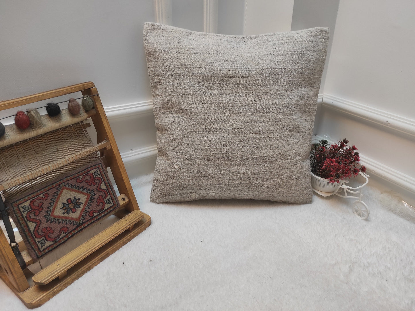 Handwoven Kilim Pillow Cover: White Bohemian Rug Pillow (18x18 in)