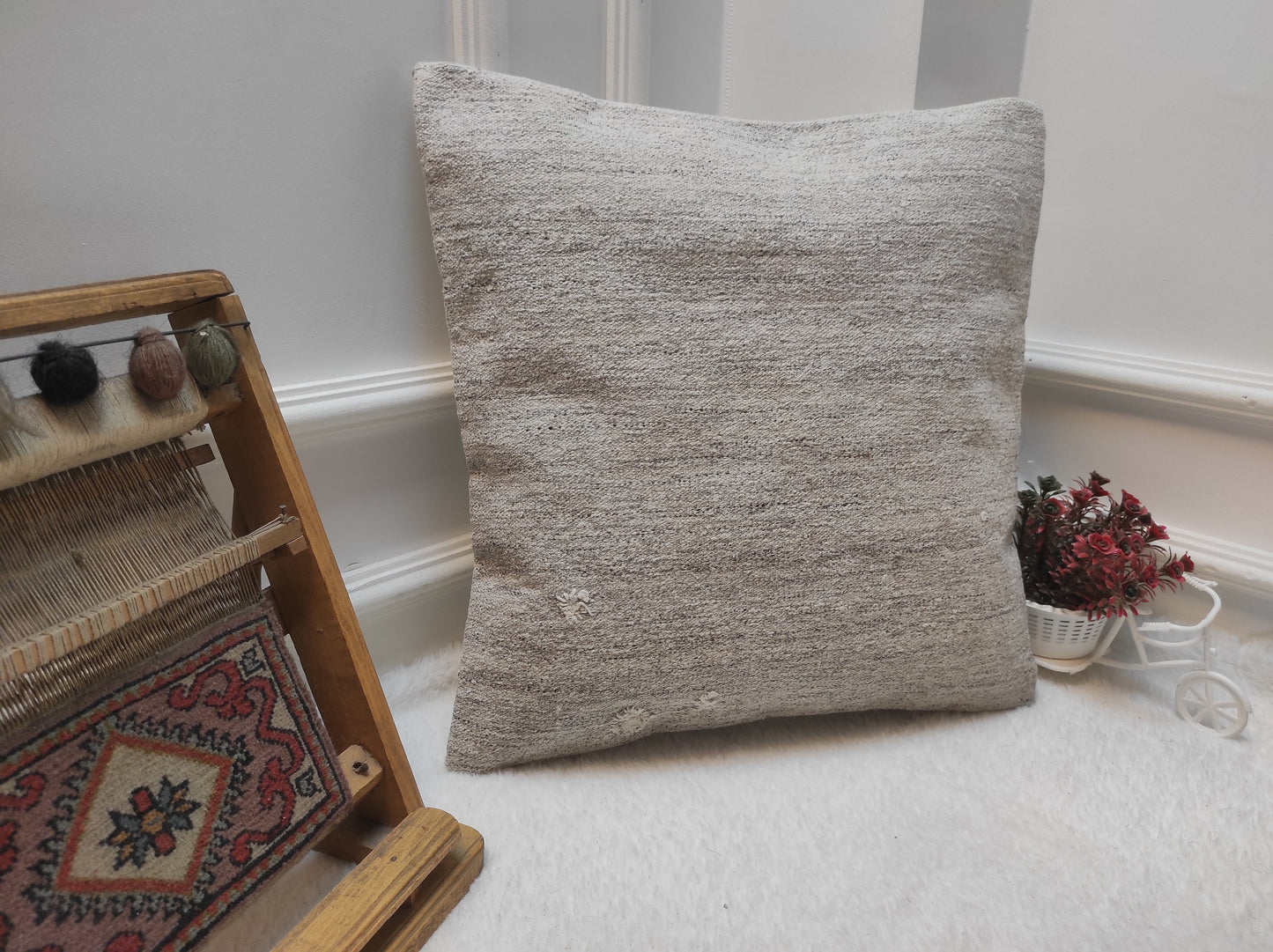 Handwoven Kilim Pillow Cover: White Bohemian Rug Pillow (18x18 in)