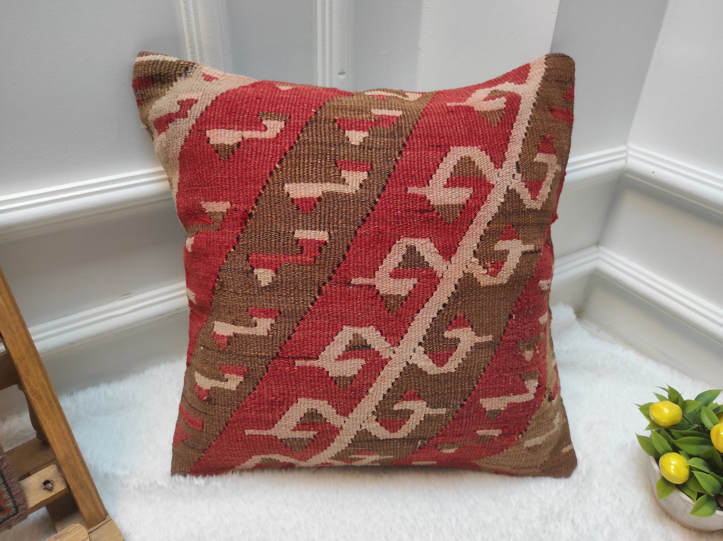 Handmade Kilim Pillow Cover: Red Brown Anatolian Rug, 16x16 inc