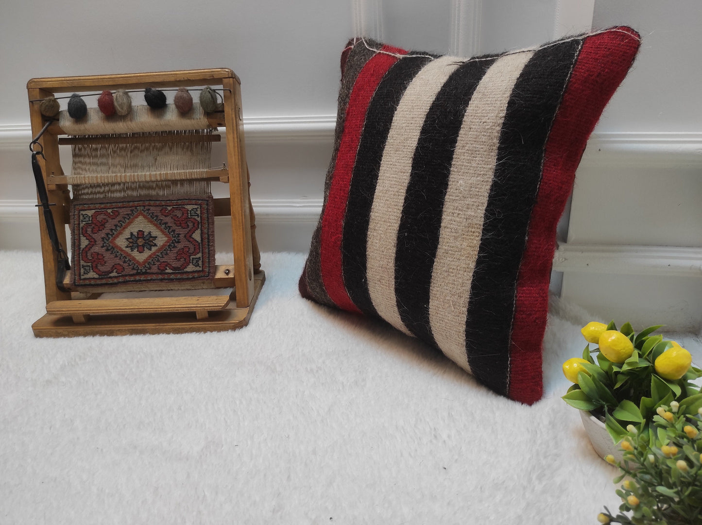Handmade Kilim Pillow Cover: Upcycled Turkish Rug, Striped Accent Pillow (16x16)