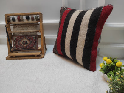 Handmade Kilim Pillow Cover: Upcycled Turkish Rug, Striped Accent Pillow (16x16)