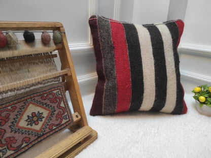 Handmade Kilim Pillow Cover: Upcycled Turkish Rug, Striped Accent Pillow (16x16)