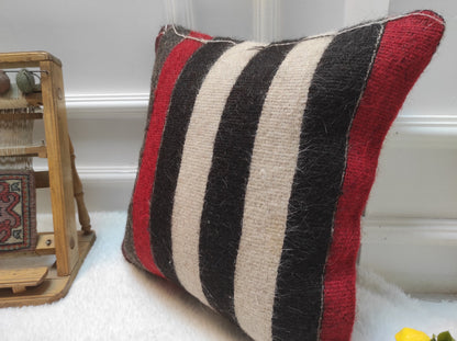 Handmade Kilim Pillow Cover: Upcycled Turkish Rug, Striped Accent Pillow (16x16)