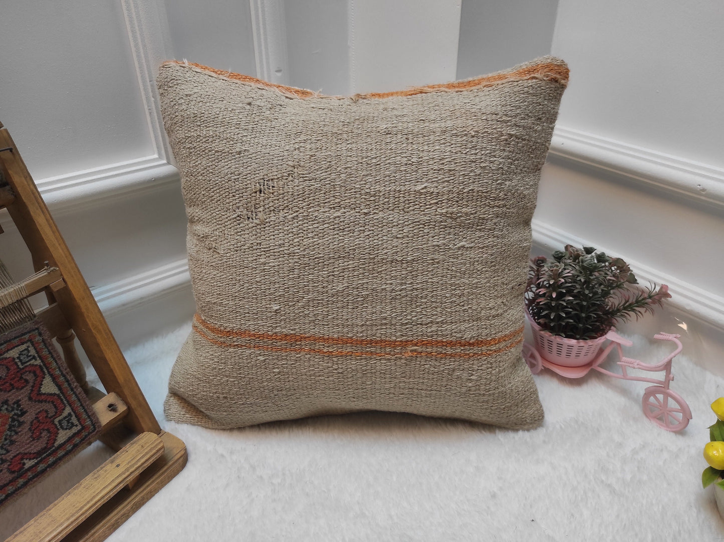 Handwoven Kilim Pillow Cover: Upcycled Rustic Ethnic Pillow (16x16 Inc)