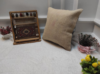 Handmade White Kilim Pillow Cover: Upcycled Woven Rug, 16x16 in
