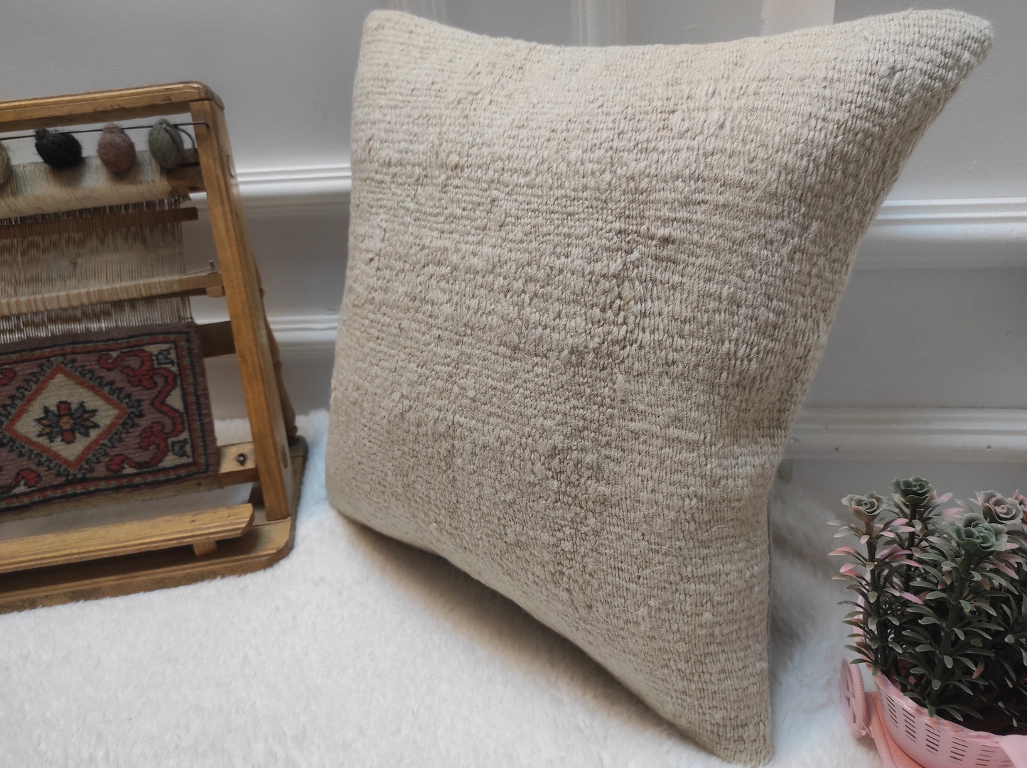 Handmade Kilim Pillow Cover: White Bohemian Woven Rug Pillow (16x16 in)