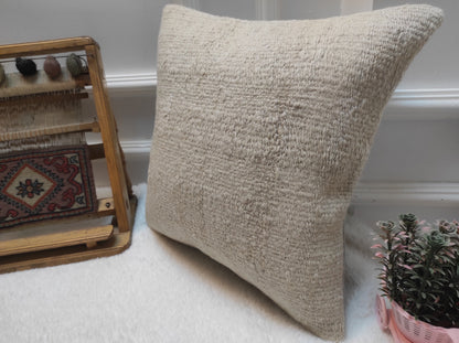 Handmade Kilim Pillow Cover: White Bohemian Woven Rug Pillow (16x16 in)