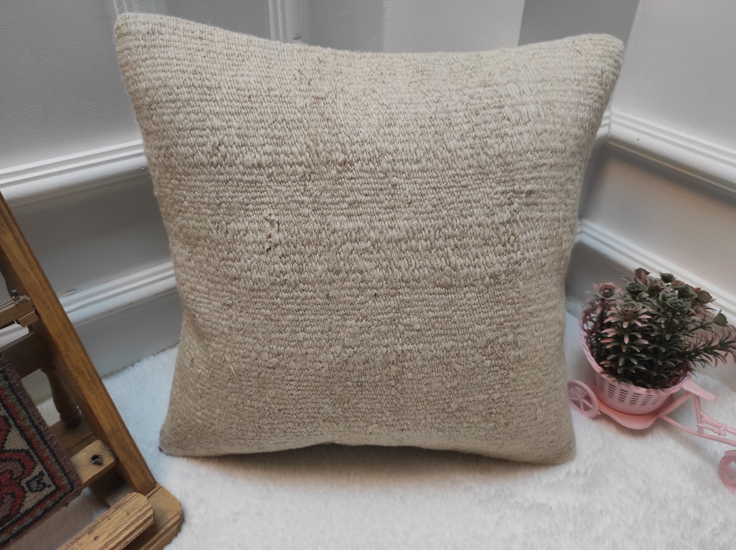 Handmade Kilim Pillow Cover: White Bohemian Woven Rug Pillow (16x16 in)