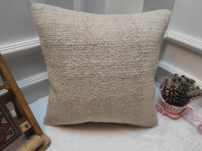 Handmade Kilim Pillow Cover: White Bohemian Woven Rug Pillow (16x16 in)