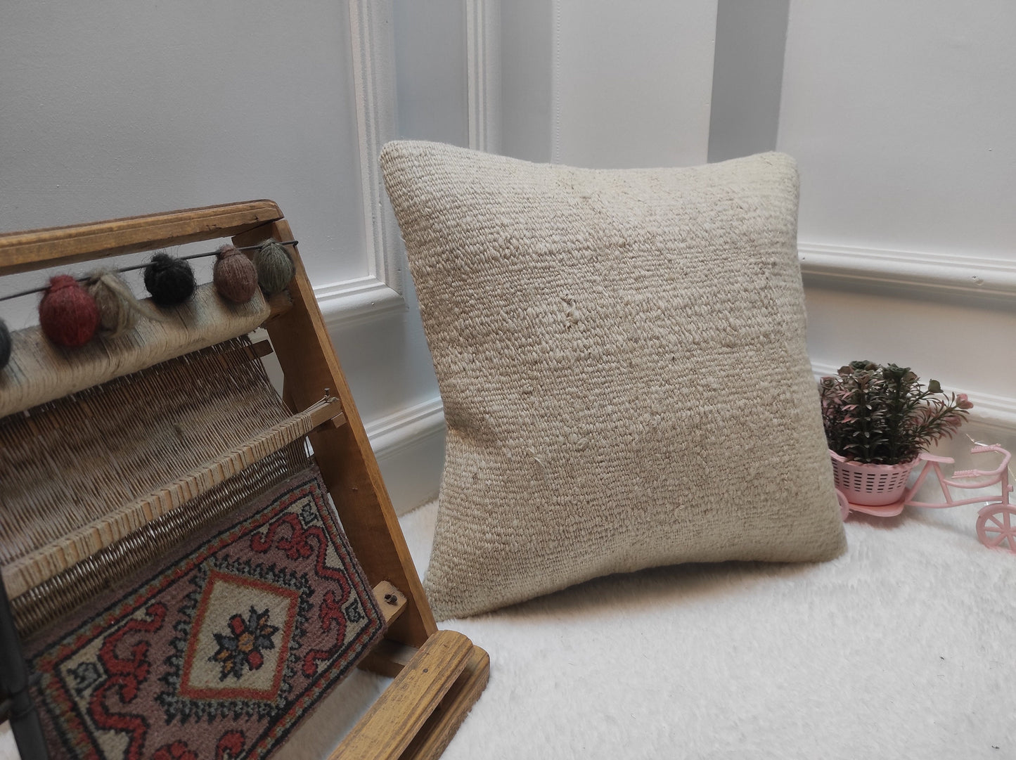 Handmade Kilim Pillow Cover: White Bohemian Woven Rug Pillow (16x16 in)