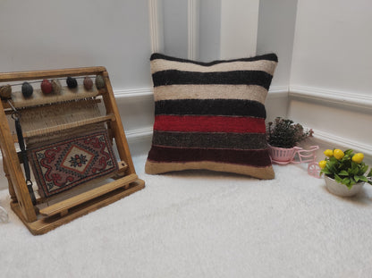 Handmade Kilim Pillow Cover: Striped Woven Rug, 16x16