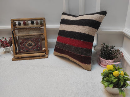 Handmade Kilim Pillow Cover: Striped Woven Rug, 16x16