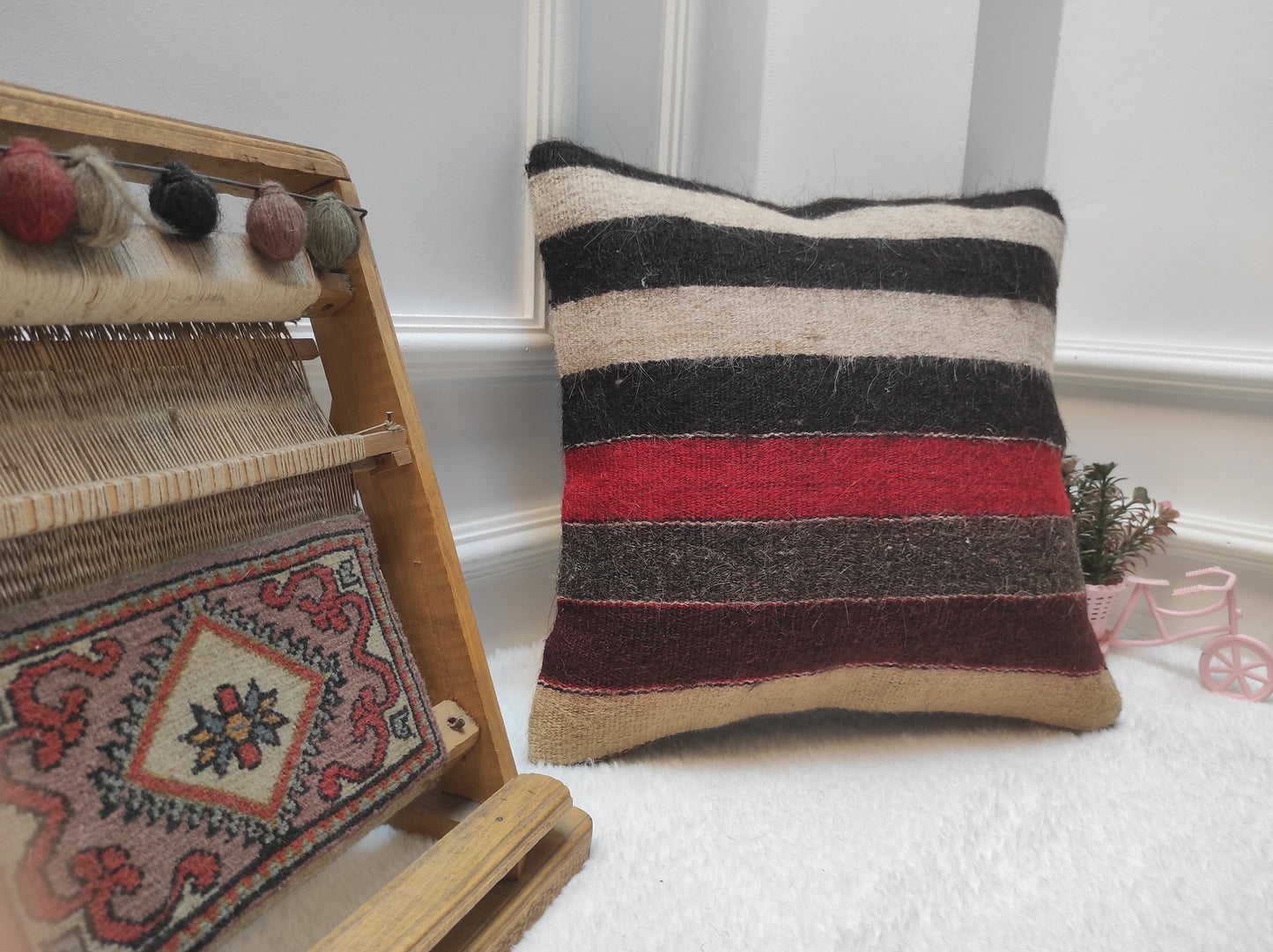 Handmade Kilim Pillow Cover: Striped Woven Rug, 16x16